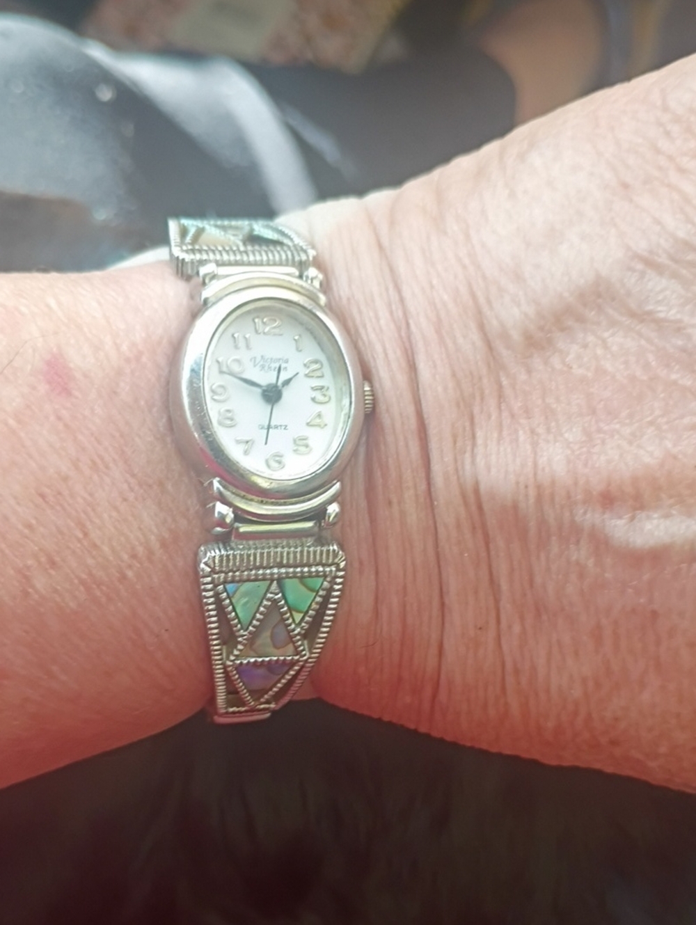 Sterling Silver Inlay Women's Watch with Turquoise and Purple Accents